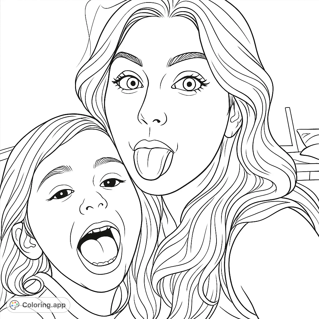 Capture a joyful moment with this playful mother and child portrait coloring page. Expressive faces and a close-up composition invite creative coloring.