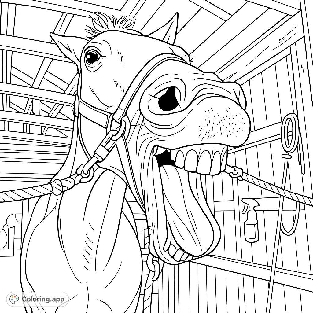 A hilarious close-up of a horse with its mouth wide open, showing teeth and tongue, ready for a fun coloring adventure in a barn setting.