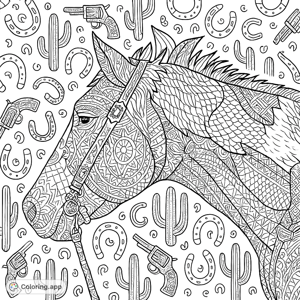 An intricate Zentangle Western horse coloring page, featuring detailed patterns, a decorative bridle, and a background with horseshoes and cacti. Perfect for adult colorists.