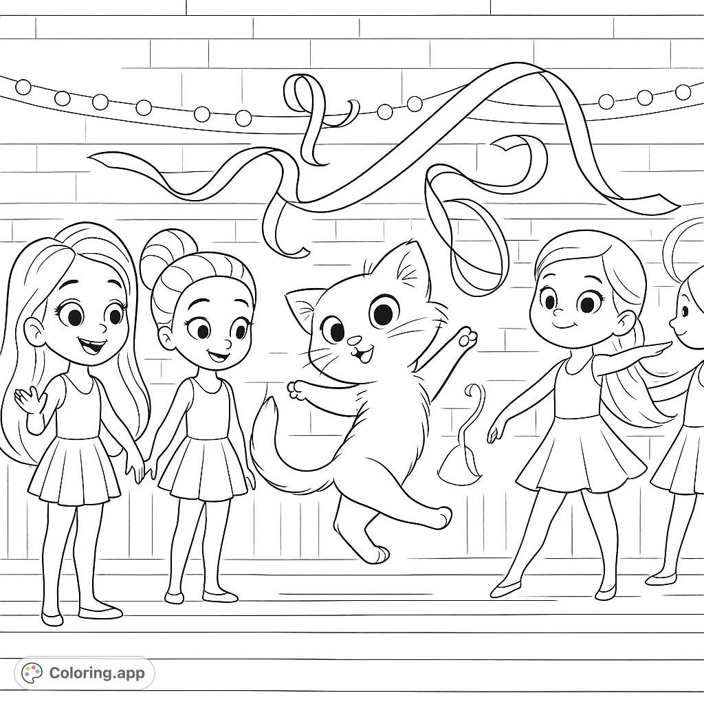 A joyful scene featuring a fluffy cat leaping playfully amidst smiling young dancers and flowing ribbons in a lively studio setting. Perfect for kids!