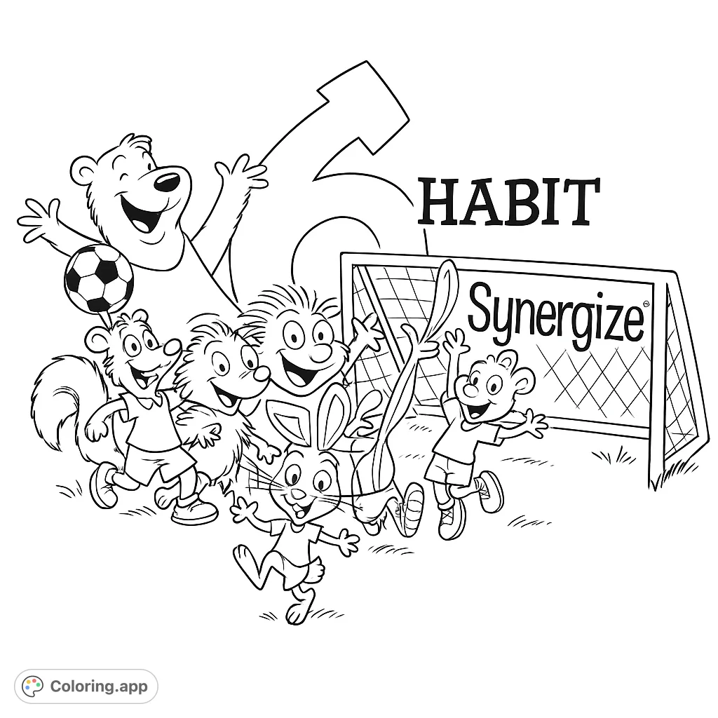 A fun-filled animal soccer game featuring a bear, rabbit, and friends, promoting teamwork and the "Synergize" habit on a vibrant field.