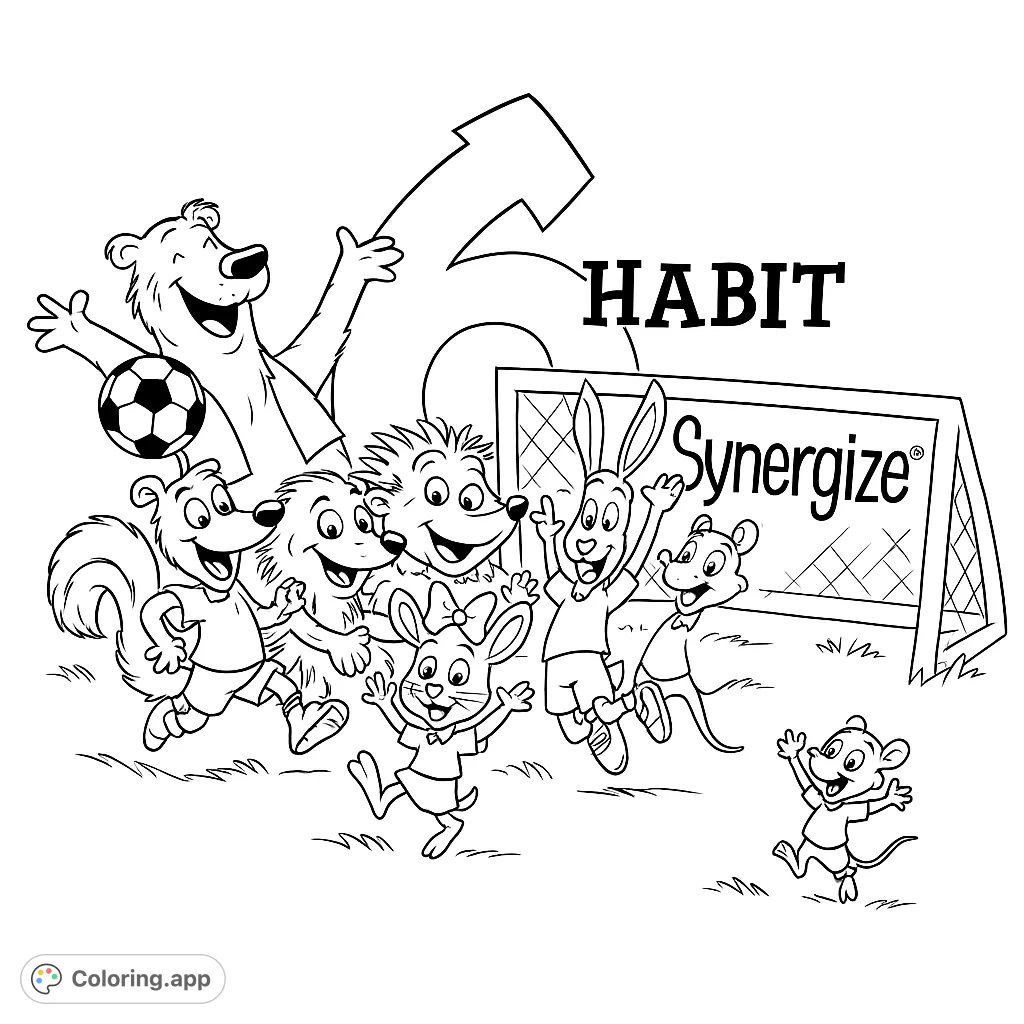 Join a lively team of animal friends playing soccer! This fun coloring page features a bear, rabbit, skunk, and more, celebrating teamwork on the field.