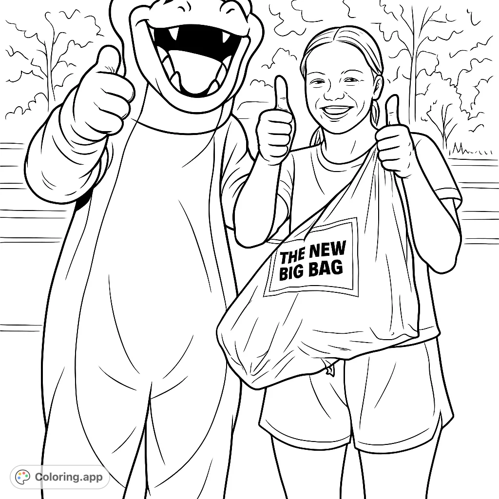 A cheerful mascot and a smiling person give thumbs up, holding a bag. A fun, friendly scene perfect for all ages.
