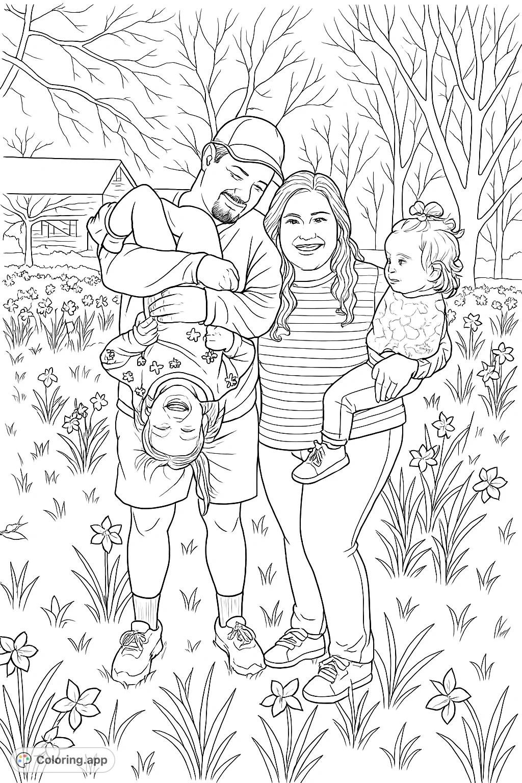 Capture a heartwarming family moment in a vibrant flower field. This free printable family coloring page features playful poses and a serene natural setting.
