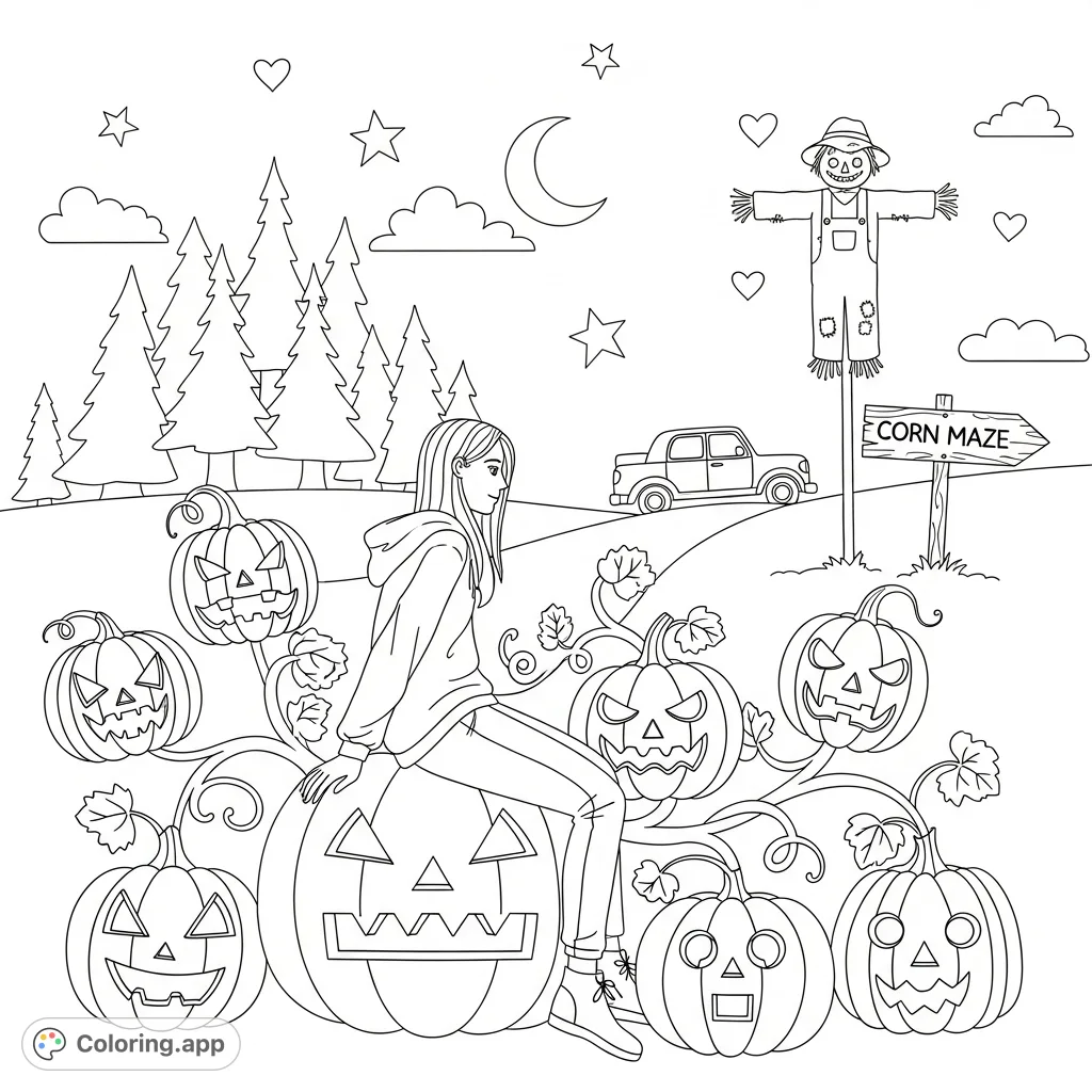 Explore a whimsical autumn scene featuring a person on a carved pumpkin, surrounded by festive gourds, a scarecrow, and a 'CORN MAZE' sign under a starry sky.