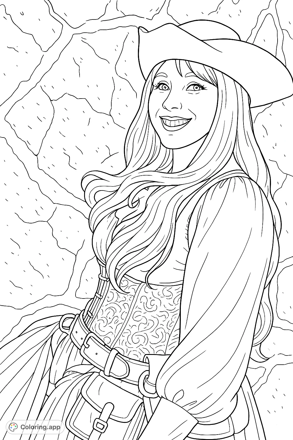 A captivating pirate woman with a tricorn hat and flowing hair, smiling against a stone wall. An adventurous coloring page for creative minds.