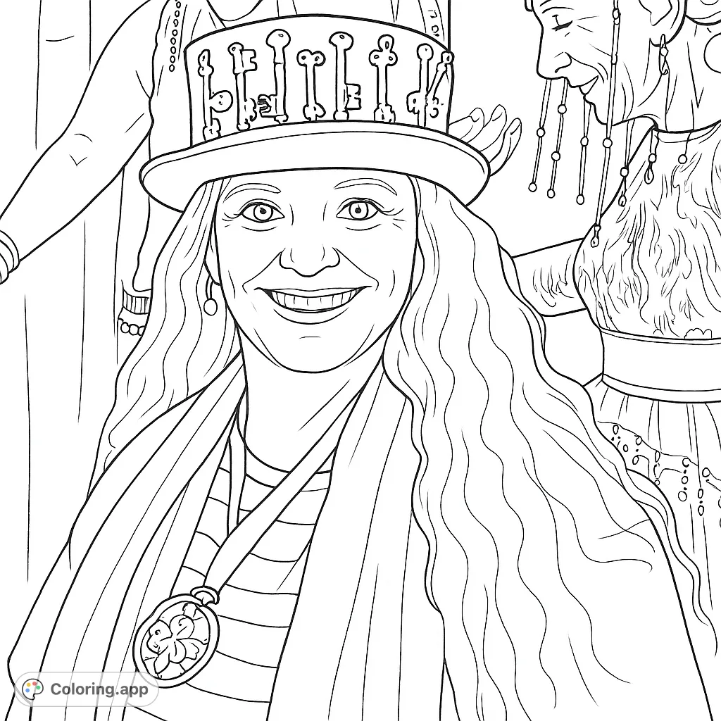 A smiling woman wearing a unique top hat adorned with bones and skulls, featuring long wavy hair and a detailed pendant. Perfect for creative expression.