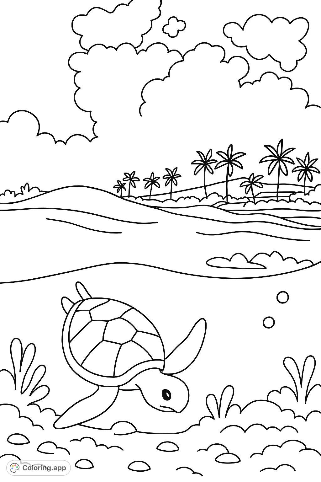 Dive into a simple, cartoony tropical beach coloring page featuring a sea turtle swimming beneath the waves and palm trees on the shore. A fun, free printable for all ages!