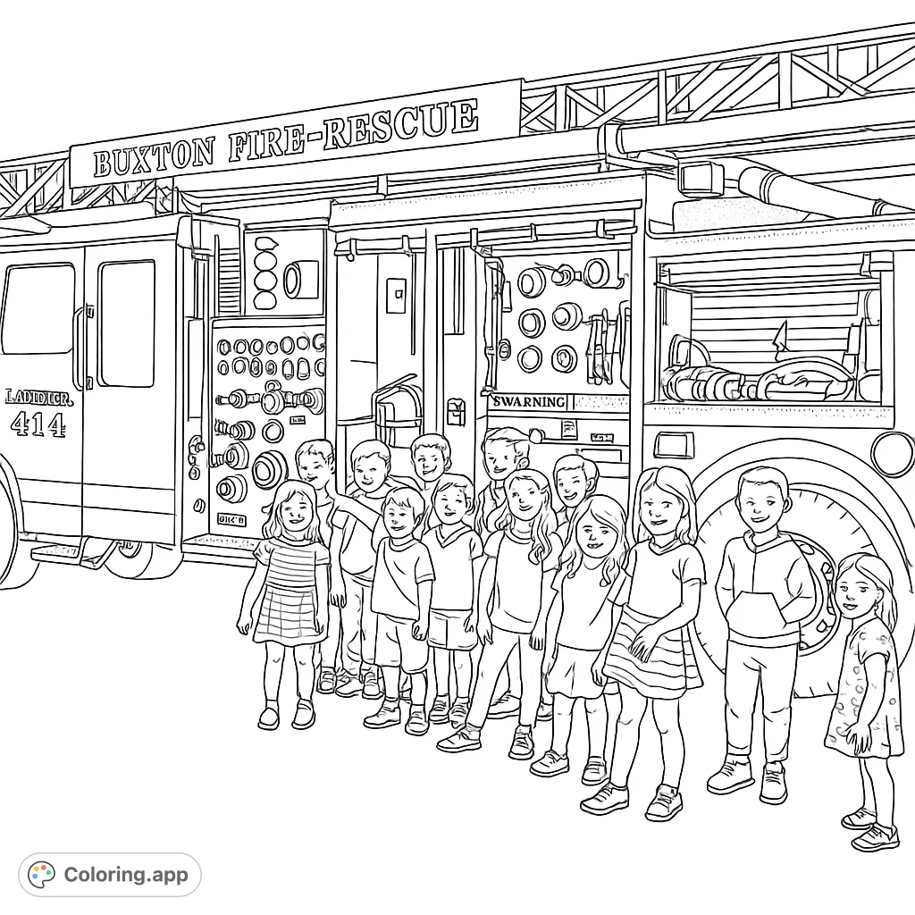 Explore a detailed fire truck with a group of excited children. A fun and educational coloring page perfect for aspiring firefighters and community heroes.