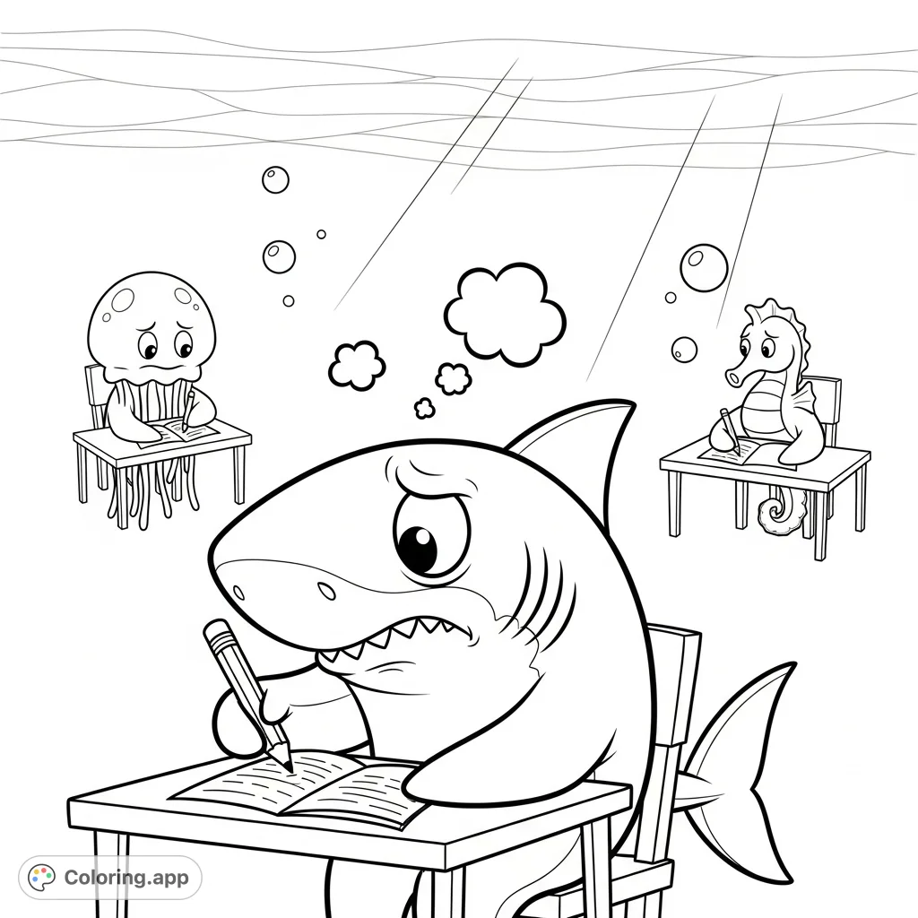 A cute, cartoon-style great white shark nervously takes a test at an underwater desk, surrounded by calm classmates. A charming scene about anxiety.