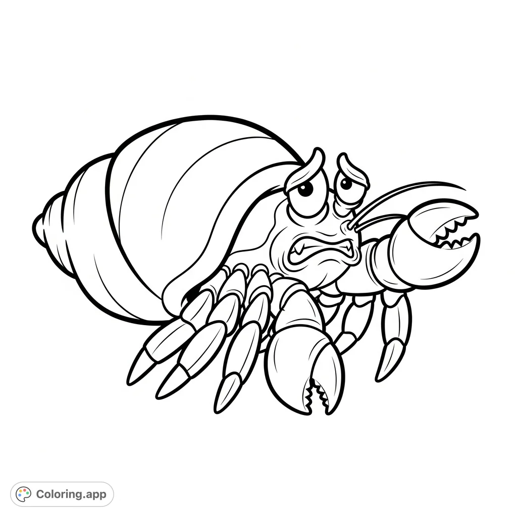 A charming, cartoon-style hermit crab expresses strong disgust with a wrinkled face, downturned mouth, and a raised claw, perfect for teaching emotions.