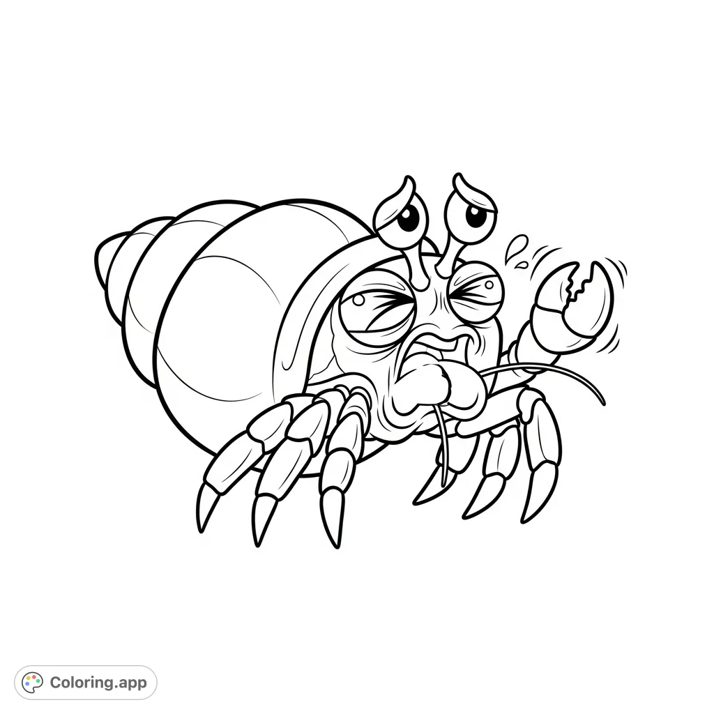 A cute, cartoon-style hermit crab recoils in exaggerated disgust, with squinted eyes, a 'bleh' mouth, and protesting claws. Perfect for kids!