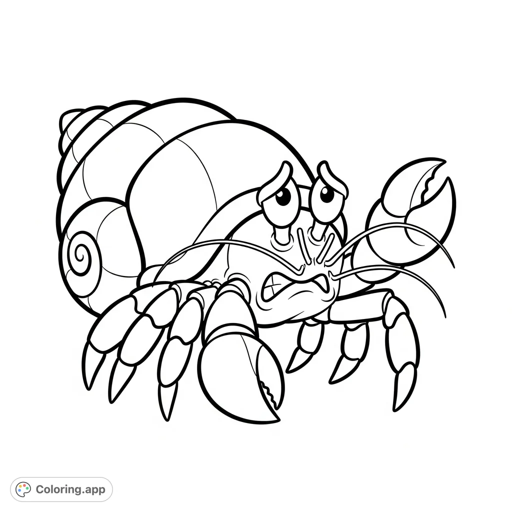 An expressive cartoon hermit crab shows disgust with wide eyes, a frown, and a recoiling claw. Perfect for teaching emotions in a fun, child-friendly way.