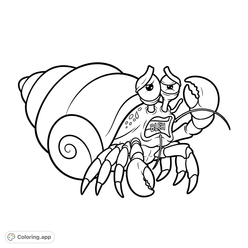 A cartoon-style hermit crab recoils in exaggerated disgust, with squinted eyes, a 'bleh' mouth, and protesting claws. Perfect for a fun, expressive coloring page.
