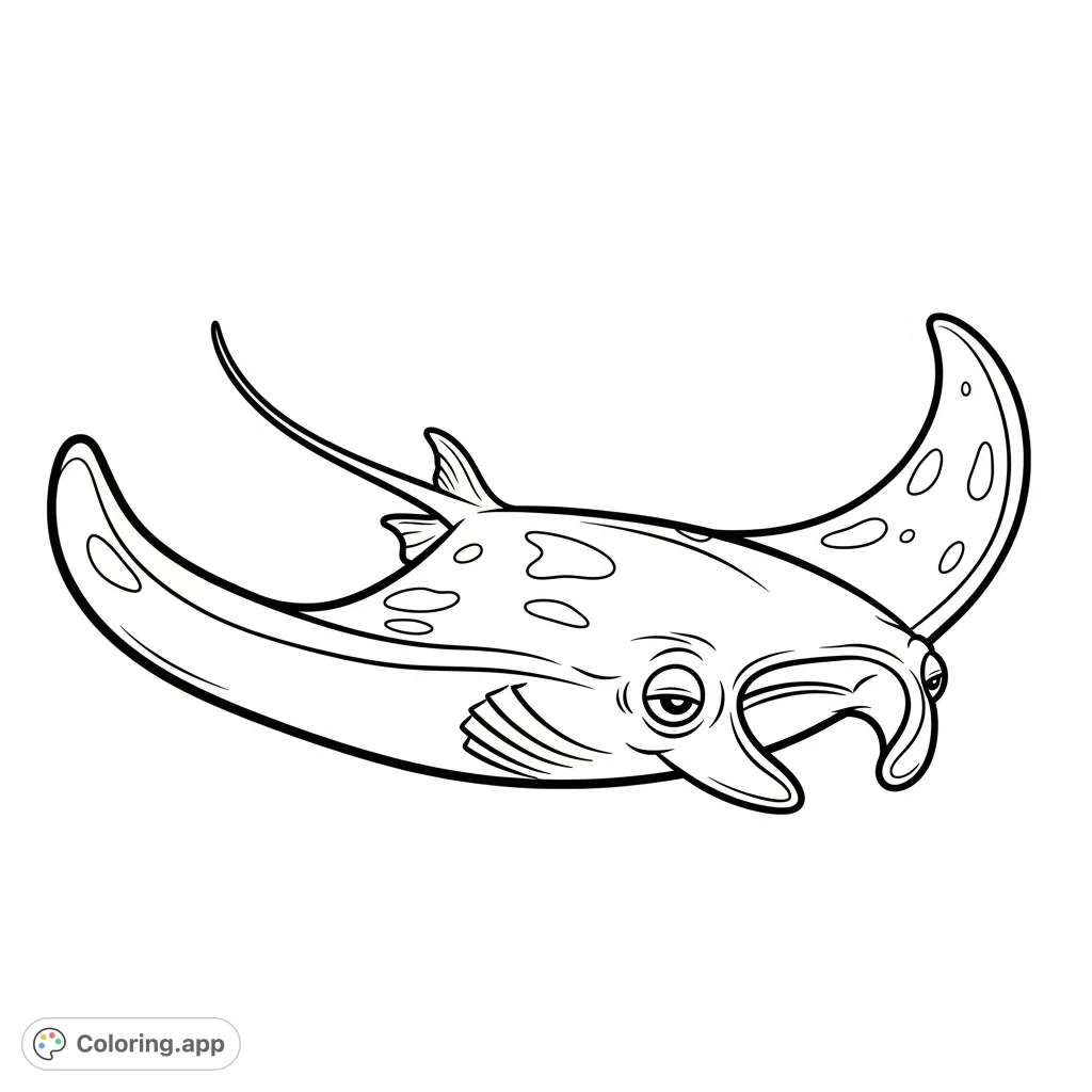 Dive into a serene underwater world with a smiling manta ray. This peaceful scene, perfect for a children's coloring page, promotes calm and relaxation.