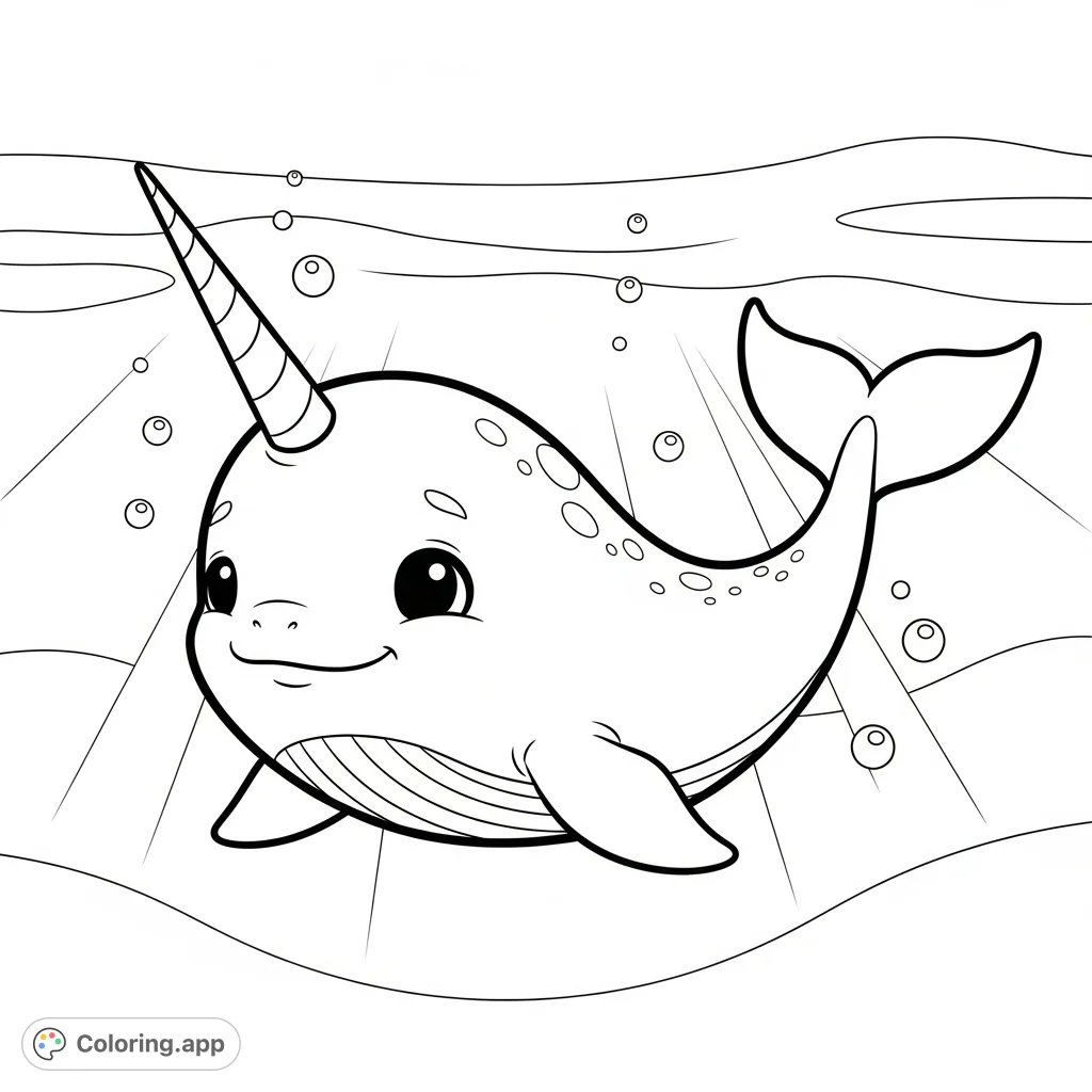 A charming narwhal floats peacefully in a simple underwater scene, expressing gratitude with a gentle smile. Perfect for teaching thankfulness.