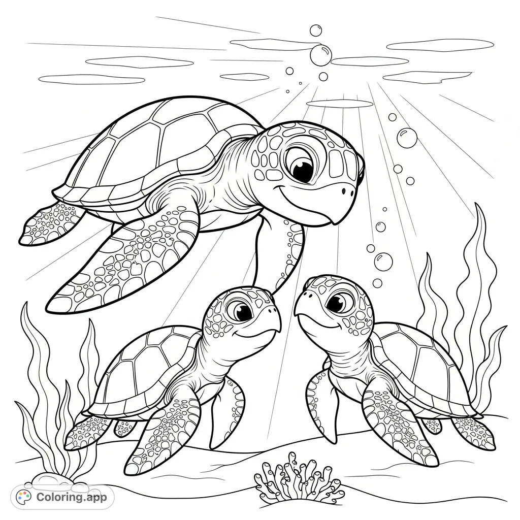 A heartwarming sea turtle family coloring page depicting a parent and two smaller turtles sharing loving expressions in a serene underwater setting. Perfect for kids.