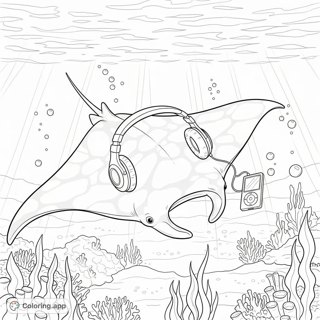 Dive into a whimsical underwater scene featuring a cute manta ray enjoying music on its iPod. A delightful ocean coloring page for all ages.