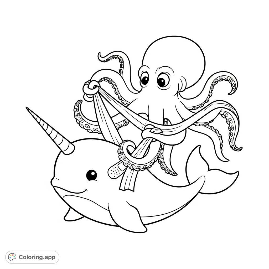 A heartwarming underwater scene featuring a gentle narwhal receiving a bandage on its tusk from a kind octopus. Perfect for teaching empathy and care.
