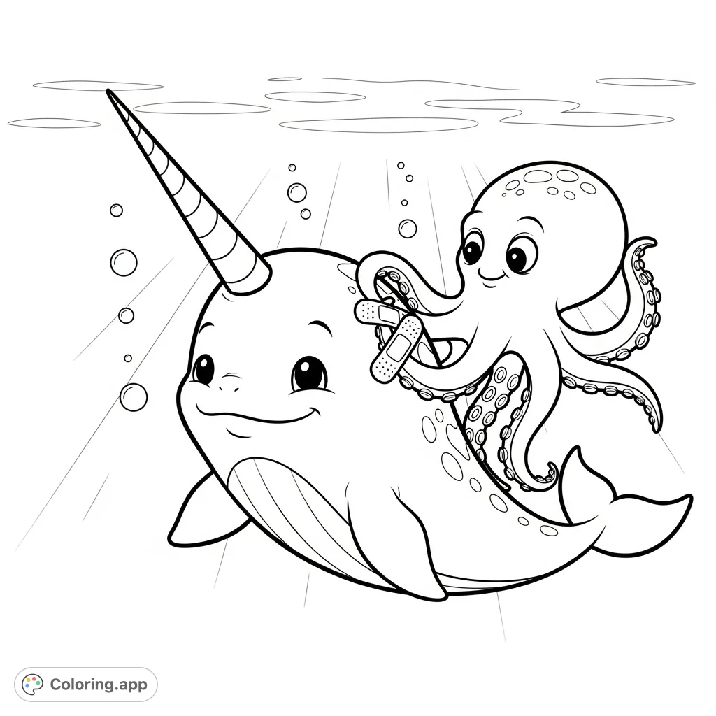 A heartwarming underwater scene where a friendly octopus gently bandages a grateful narwhal's tusk, emphasizing kindness and care in a simple, expressive style.