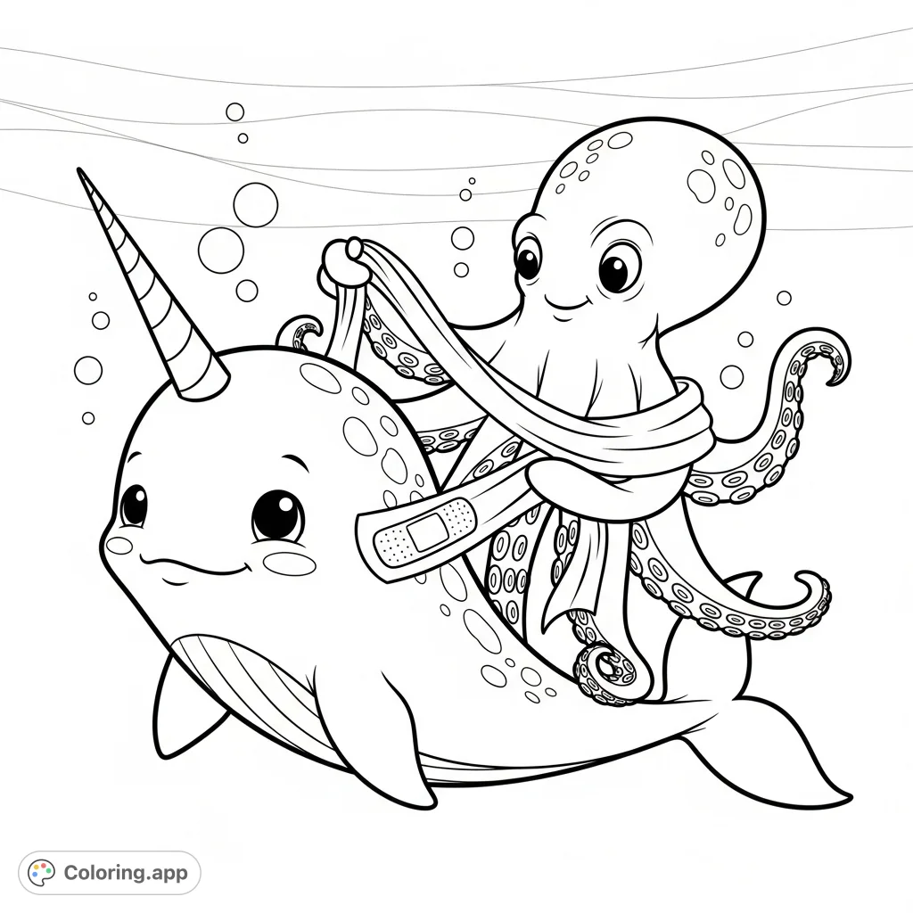 A heartwarming underwater scene featuring a grateful narwhal receiving a bandage from a kind octopus. A gentle depiction of care and friendship.
