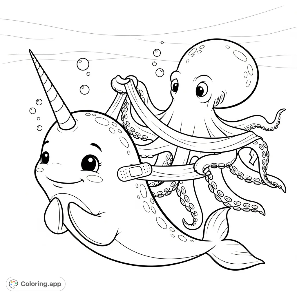 A heartwarming underwater scene featuring a grateful narwhal receiving a bandage from a kind octopus. A gentle depiction of care and friendship.