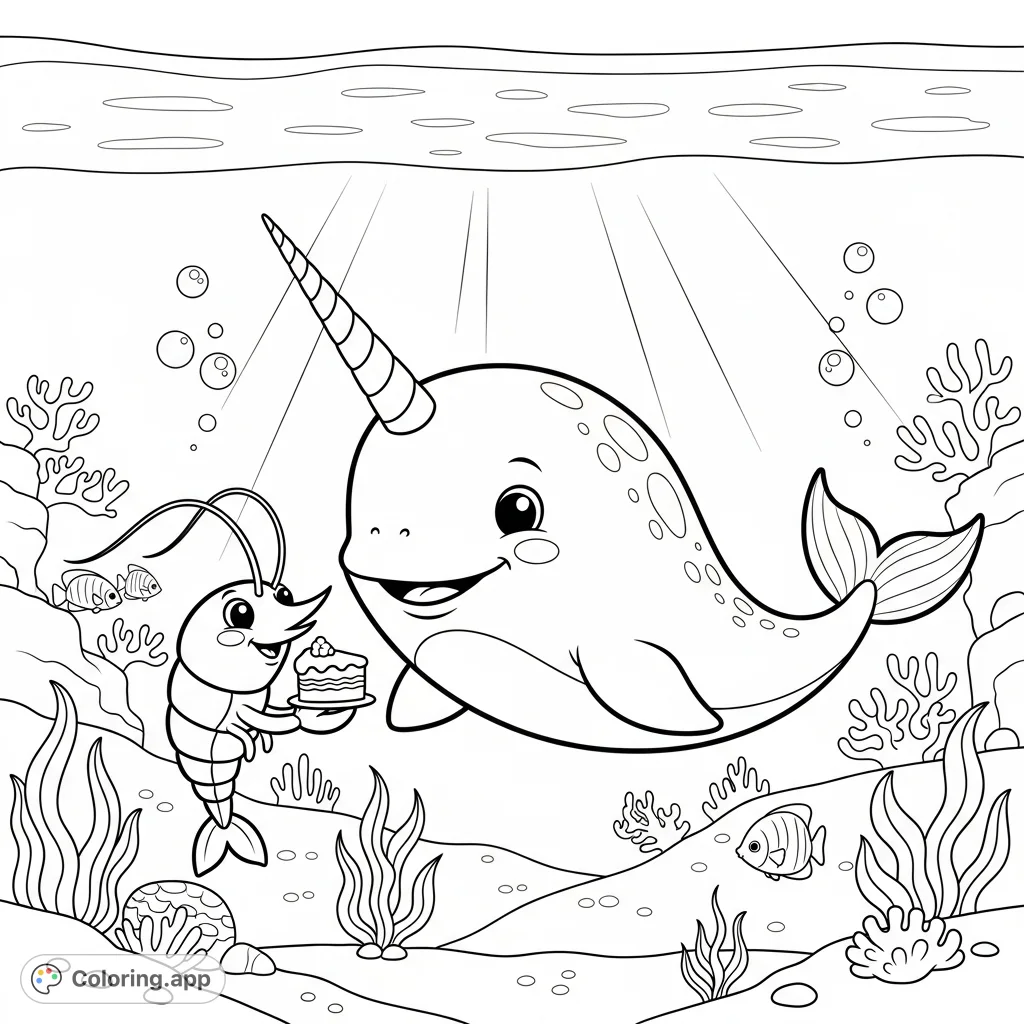 A heartwarming underwater scene featuring a smiling narwhal receiving a slice of cake from a friendly shrimp, surrounded by coral and fish. Perfect for teaching kindness.