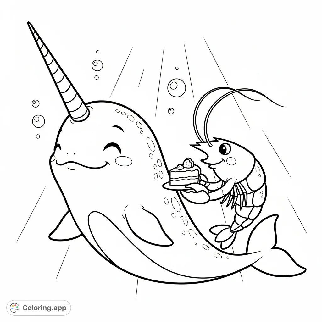 A delightful narwhal and a kind shrimp share a slice of cake in a charming underwater scene, perfect for a narwhal coloring page about friendship.