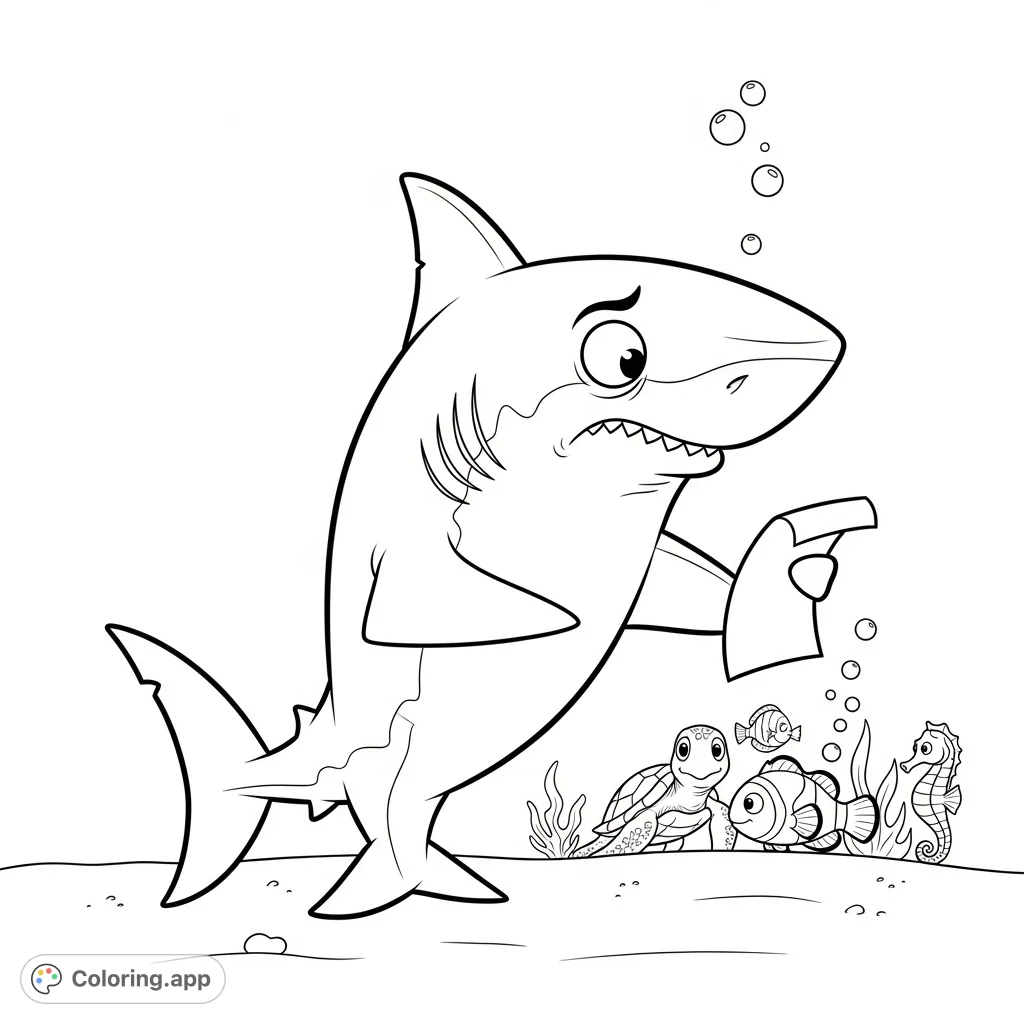 A cartoon-style great white shark nervously gives a speech to a small crowd of sea creatures in a gentle underwater scene, perfect for kids learning about emotions.