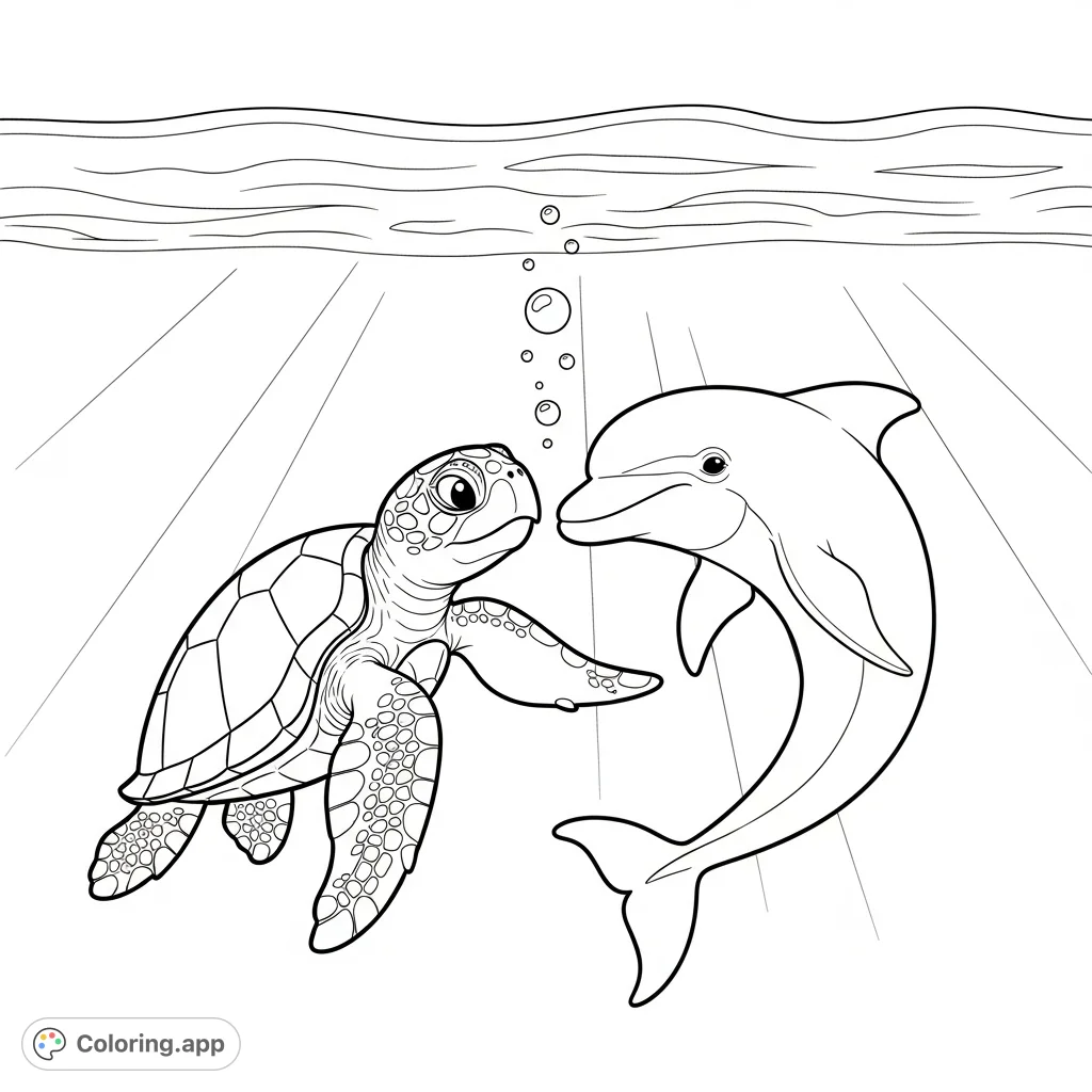 Dive into a heartwarming underwater scene where a sea turtle and dolphin share a gentle, affectionate hug. Perfect for teaching love and friendship.