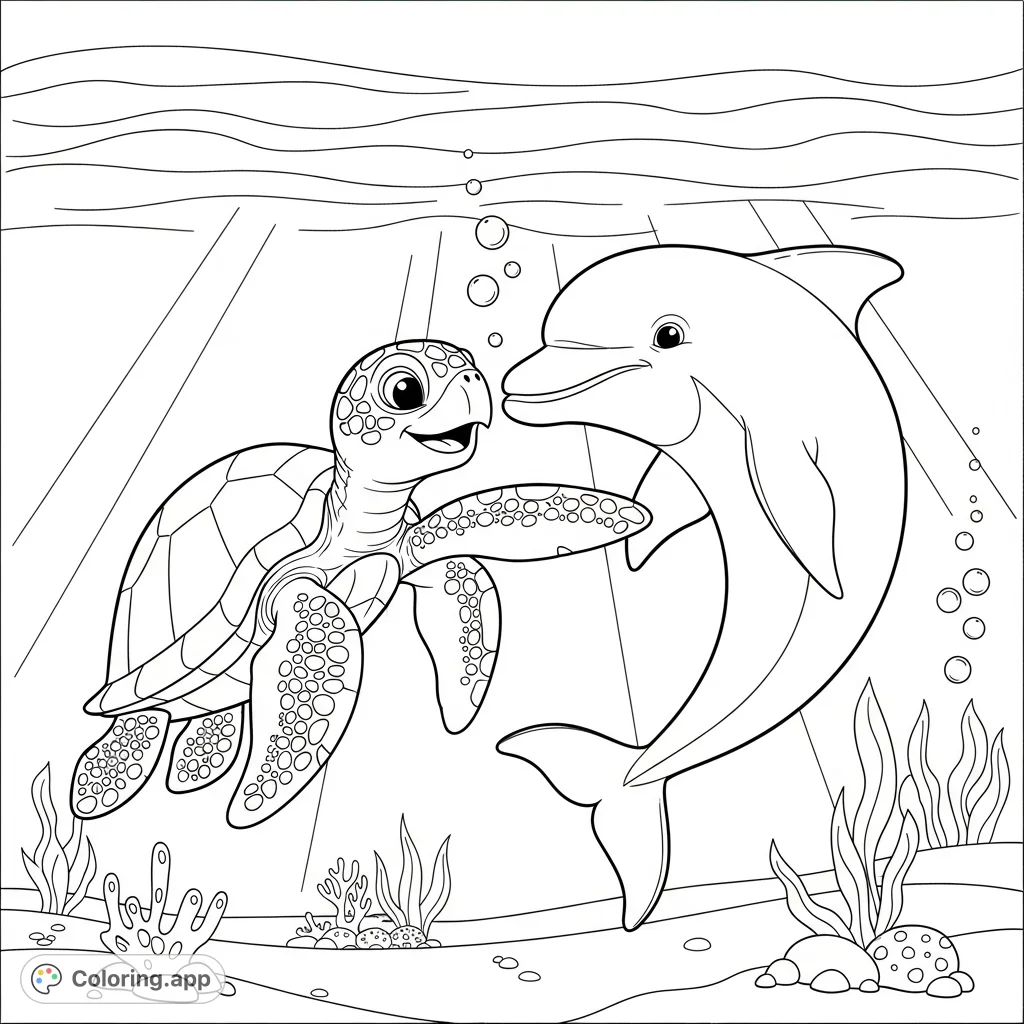 A heartwarming underwater scene featuring a sea turtle and a dolphin sharing a friendly hug, surrounded by gentle bubbles and ocean flora. Perfect for expressing love.