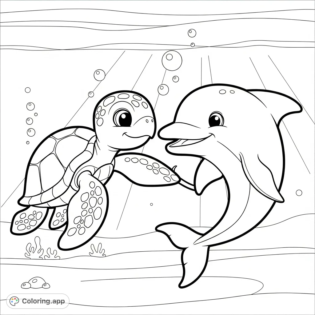 Dive into a heartwarming underwater scene featuring a friendly sea turtle and dolphin sharing a gentle hug. A delightful free printable coloring page for kids.