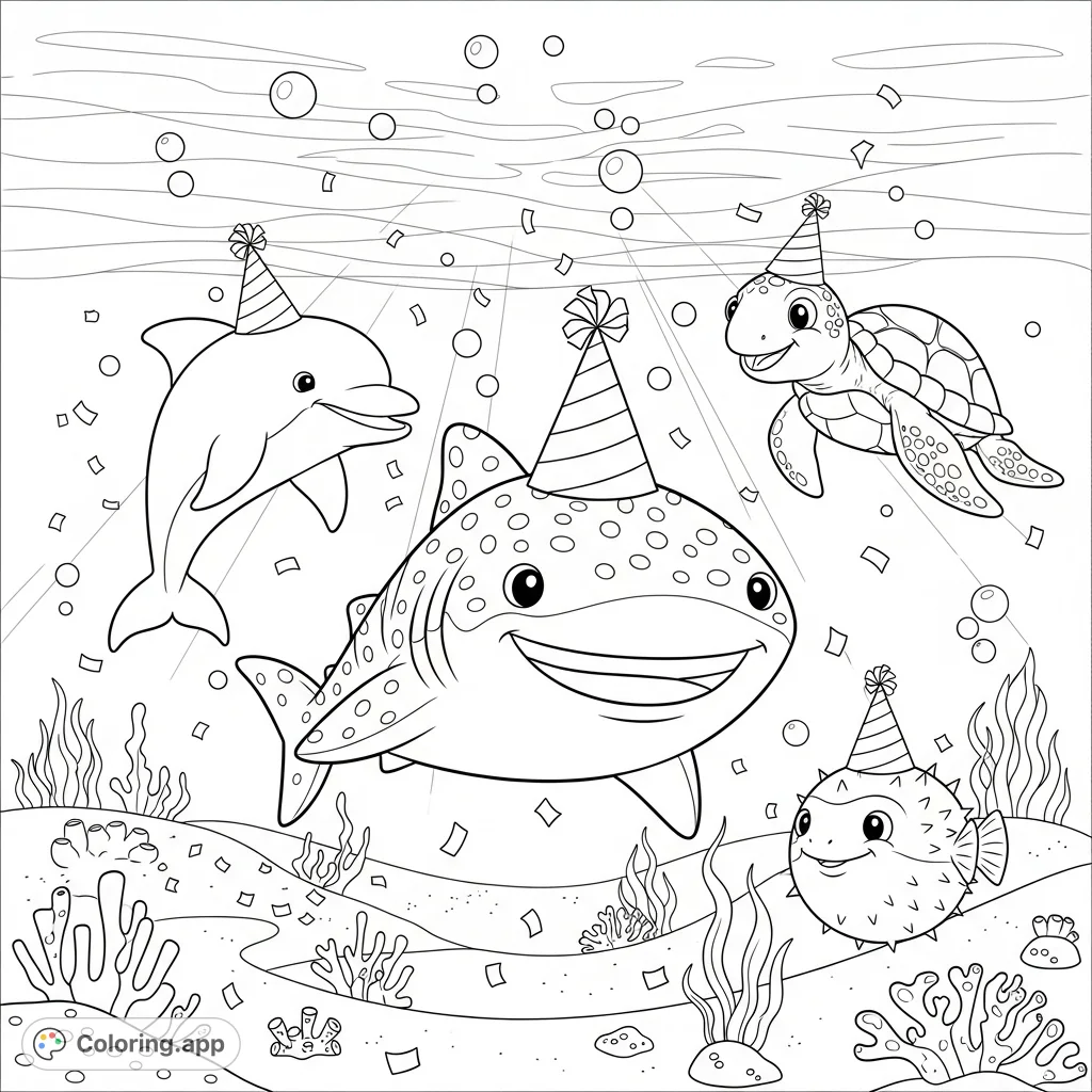 Dive into a cheerful underwater birthday party! A happy whale shark celebrates with dolphin, sea turtle, and pufferfish friends, all in party hats.