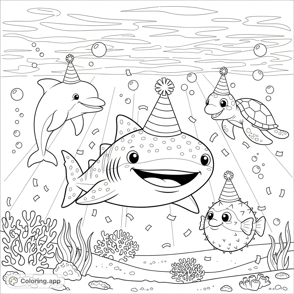 Dive into a cheerful underwater birthday party! A happy whale shark celebrates with dolphin, sea turtle, and pufferfish friends, all in party hats.