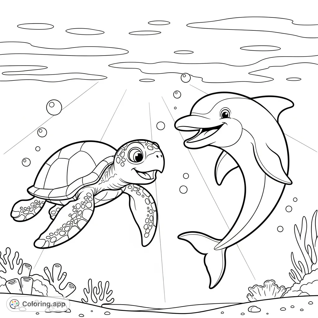 Dive into a cheerful underwater scene where a friendly sea turtle and dolphin meet to play. A delightful free printable coloring page for kids.
