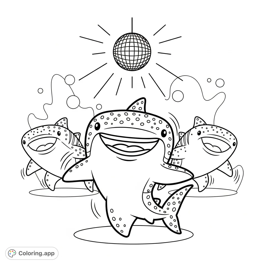 Dive into a joyful whale shark dance party! A happy main whale shark grooves with two smaller friends under a disco ball, perfect for kids.
