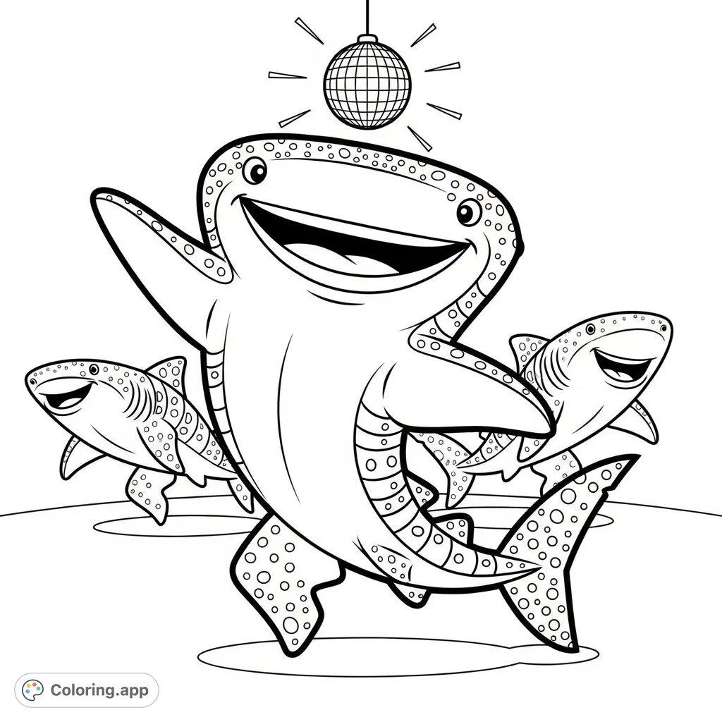 Dive into a cheerful whale shark dance party! This fun coloring page features a smiling whale shark and friends under a disco ball, perfect for kids.