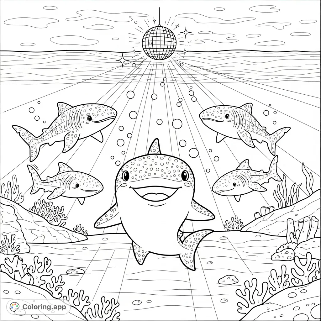 Dive into a cheerful underwater dance party! A happy whale shark leads the fun with friends, surrounded by sparkling light, coral, and bubbles.