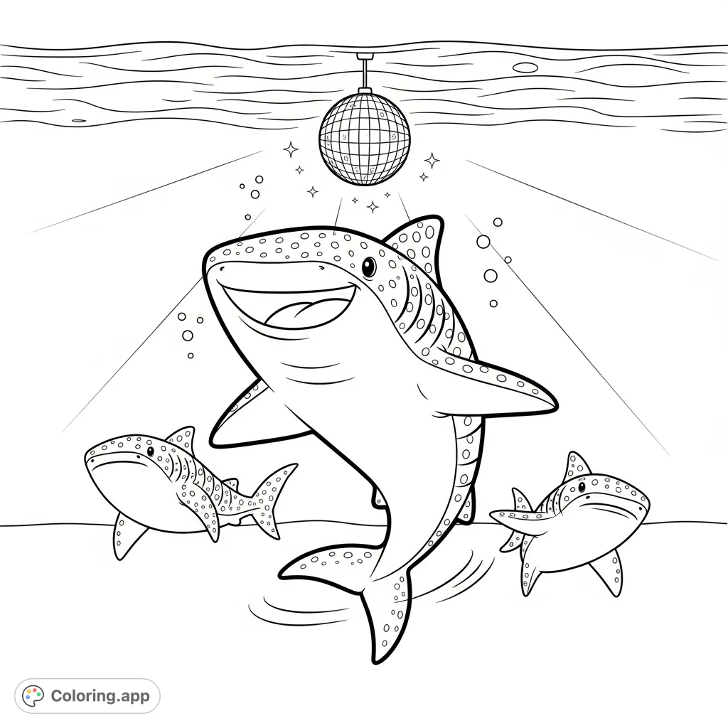 Dive into a cheerful underwater dance party! A happy whale shark leads the fun, surrounded by dancing friends and a shimmering disco ball.