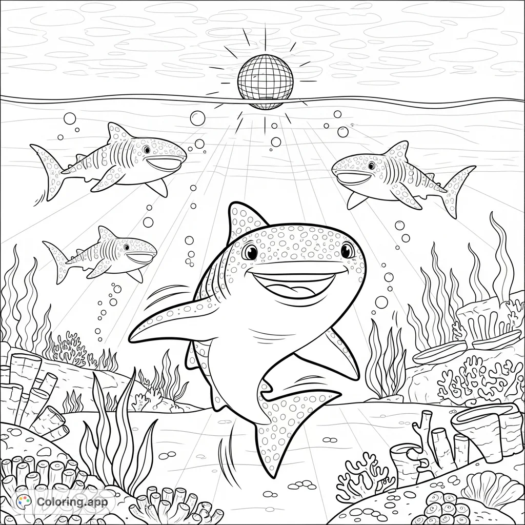 Dive into a joyful underwater dance party! A smiling whale shark leads the fun, surrounded by dancing friends, a shimmering disco ball, and vibrant marine life.