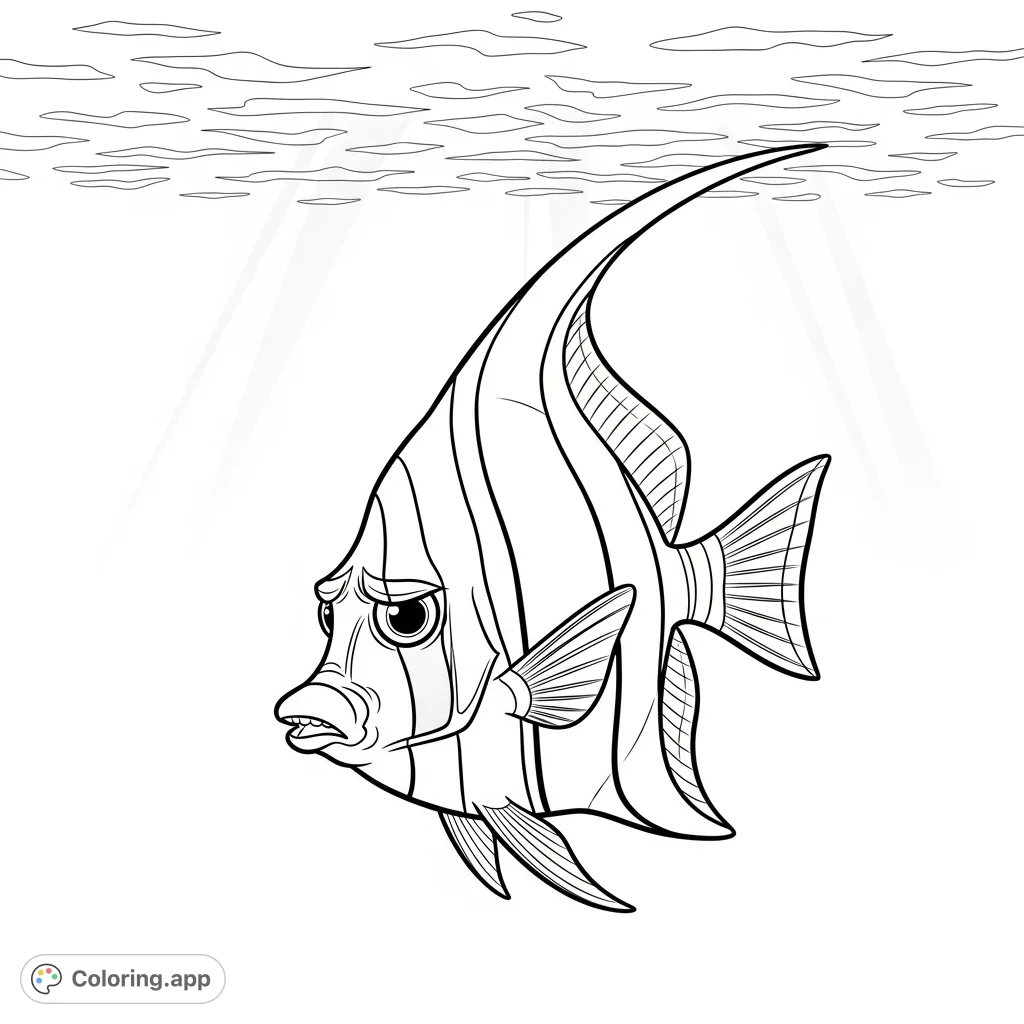 A detailed Moorish idol fish with a worried expression, swimming alone in the vast, empty deep sea. Perfect for marine life enthusiasts.