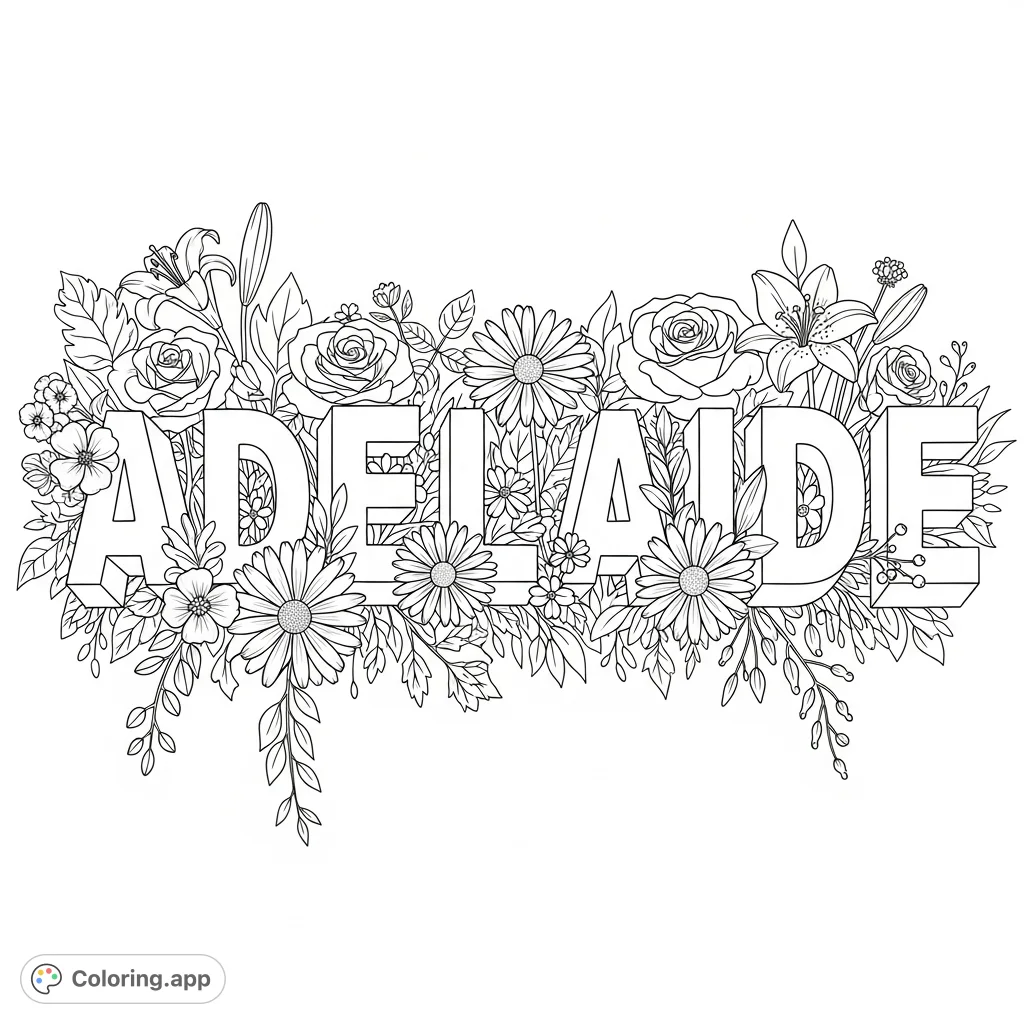 Discover a unique ADELAIDE coloring page featuring beautifully detailed flowers blooming within each letter. A delightful blend of typography and nature for all ages.