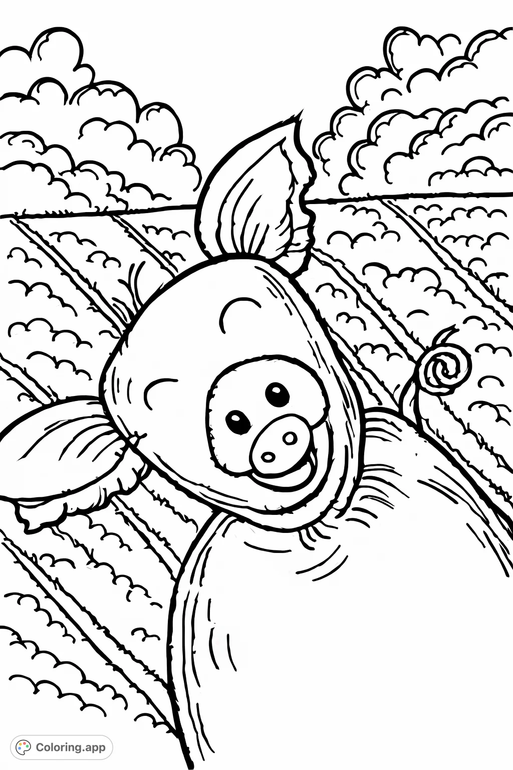 A delightful, smiling pig character awaits your creative touch, set against a charming rural backdrop of fields and distant foliage. Perfect for a relaxing coloring session.