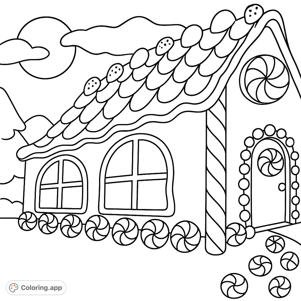Step into a delightful world with this intricate gingerbread house coloring page, adorned with candy details, perfect for festive fun and creative expression.