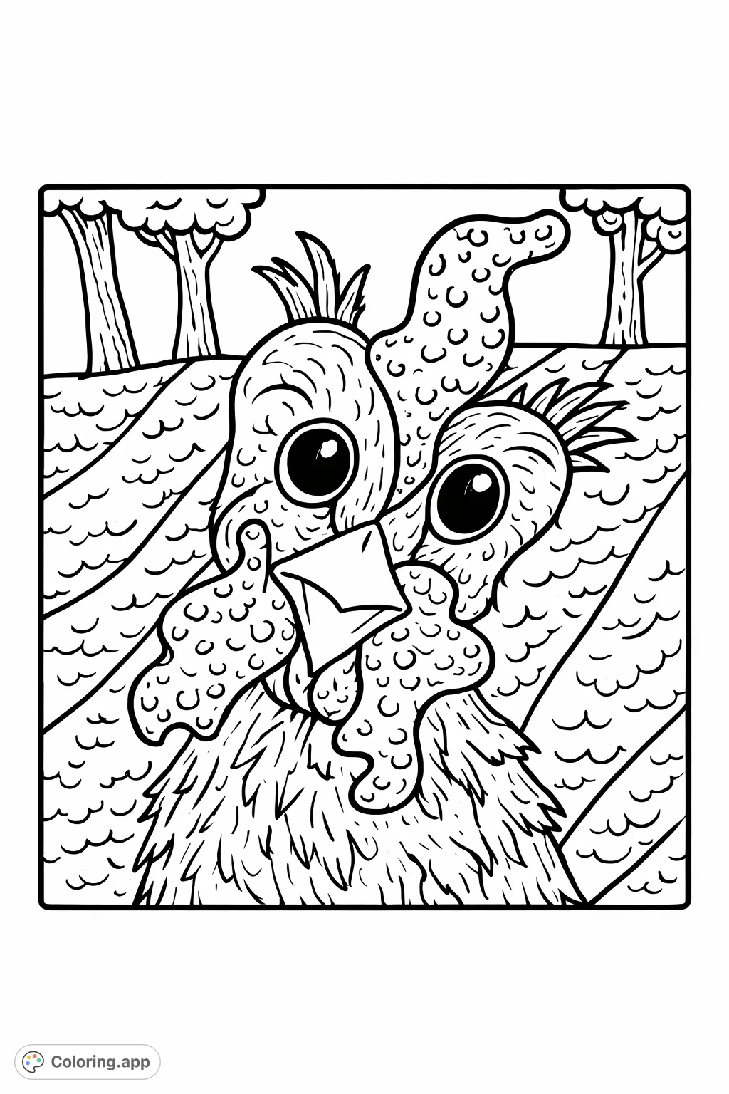 A charming, cartoonish turkey with expressive eyes and textured feathers stands against a backdrop of rolling hills and trees, perfect for festive coloring.