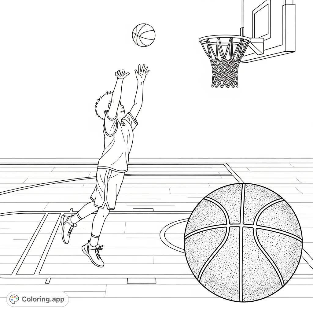 Capture the excitement of a child's mid-air basketball shot on a polished court. Features a detailed close-up of the ball's texture.