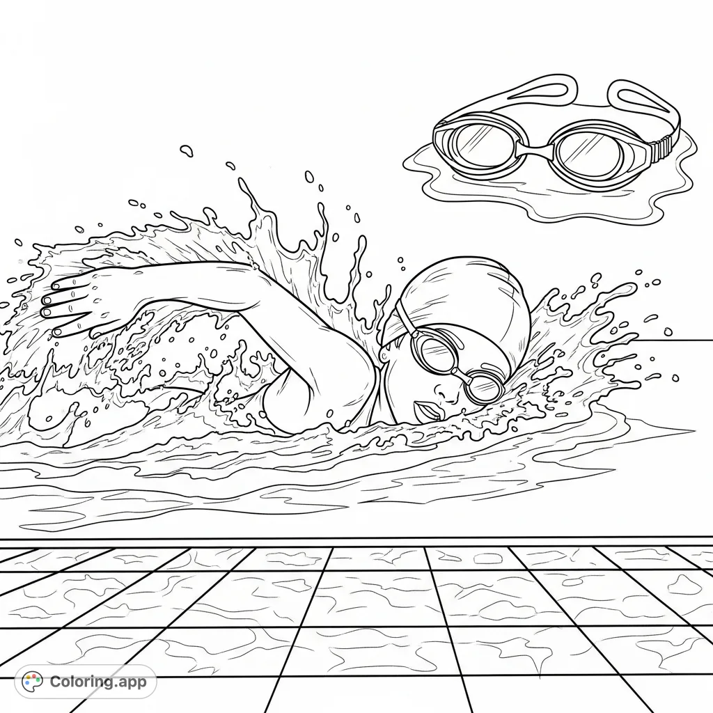 Dive into fun with this swimming coloring page featuring a child mid-stroke, surrounded by dynamic water splashes. Perfect for young swimmers and aspiring artists!