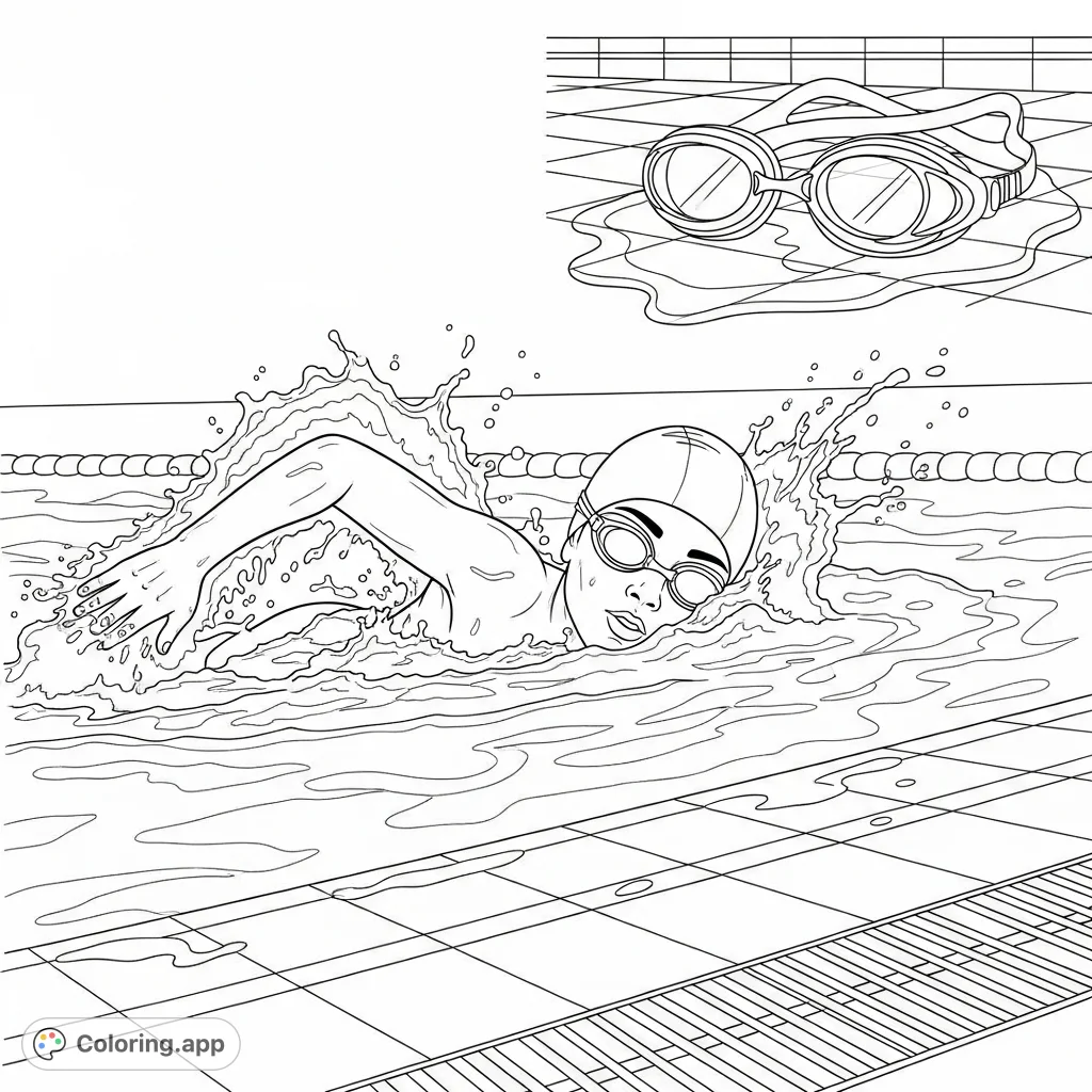 Dive into fun with this swimming coloring page featuring a child doing freestyle in a pool, surrounded by dynamic splashes. Perfect for young swimmers!