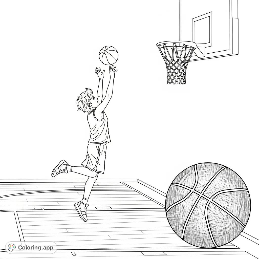 Capture the excitement of a child's basketball shot! This dynamic scene features a young player mid-air, aiming for the hoop on a detailed court.