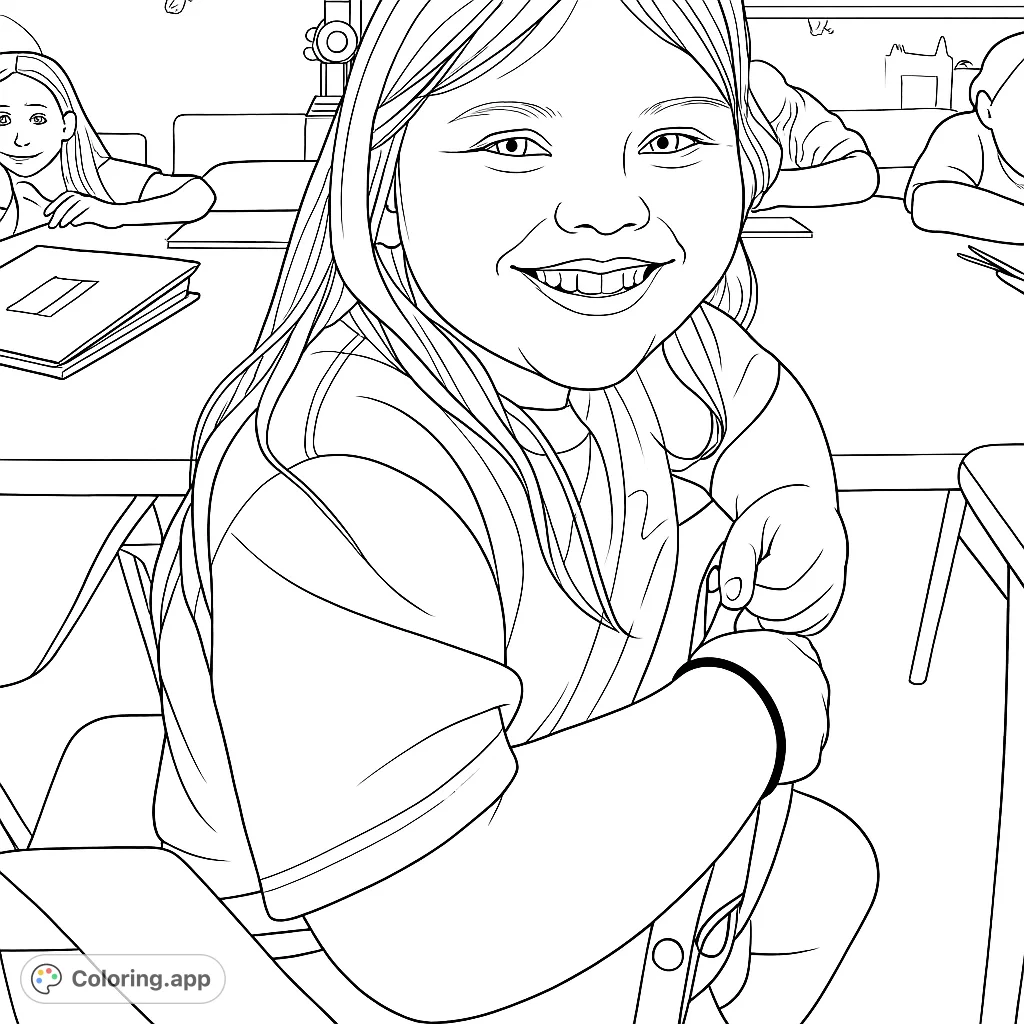 A cheerful young girl smiles brightly while seated at a table, engaged in an activity, surrounded by a classroom setting. Perfect for kids!